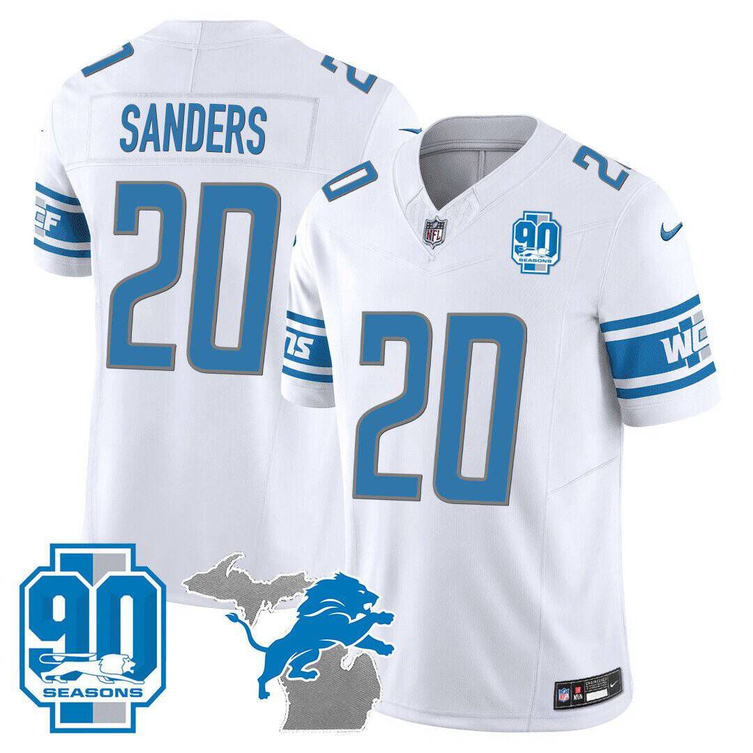 Men Detroit Lions #20 Sanders White 2024 Nike 90th Year Michigan Patch Vapor NFL Jersey